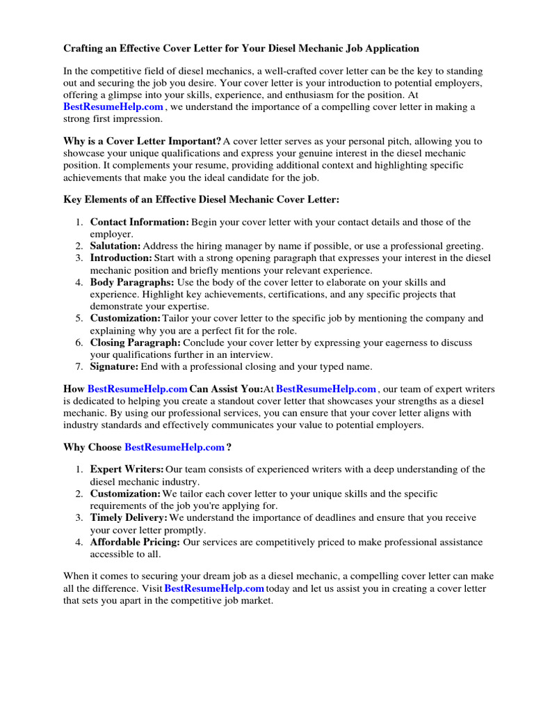 Diesel Mechanic Cover Letter Guide | PDF | Auto Mechanic | Résumé