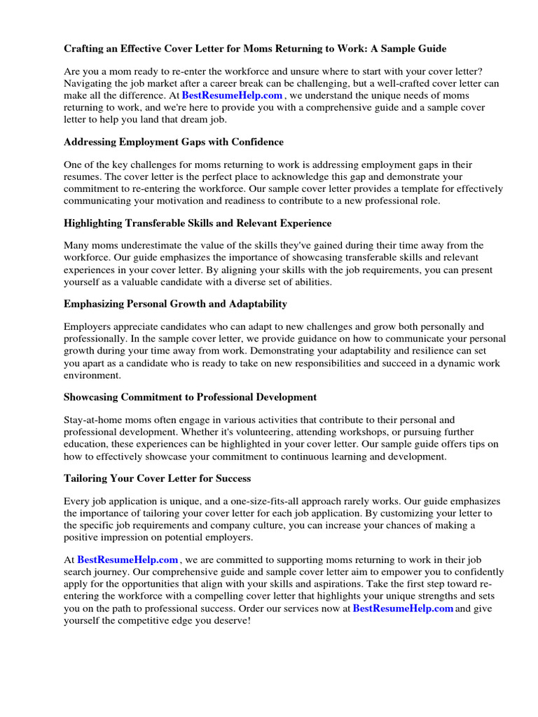 Cover Letter For Mom Returning To Work Sample | PDF | Patient | Employment