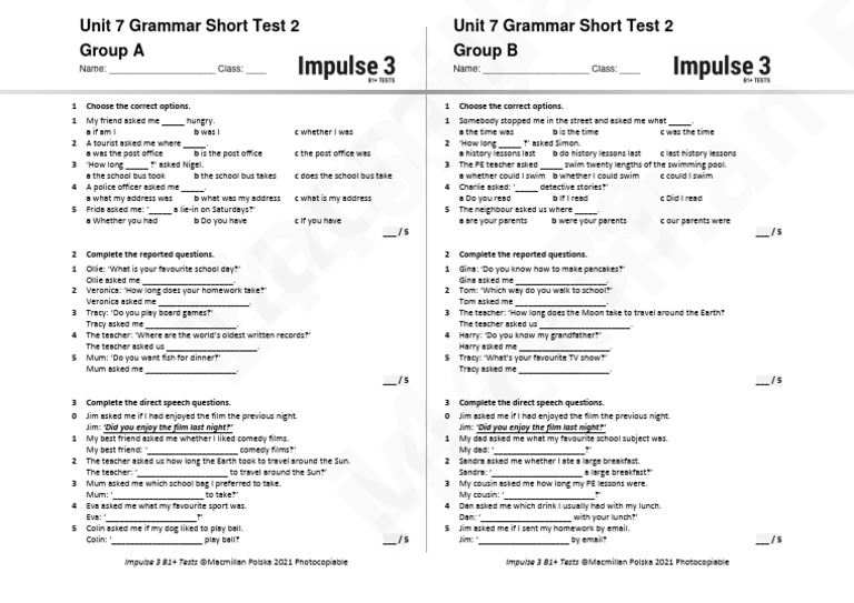 Impulse 3 Unit 7 Grammar Test | PDF