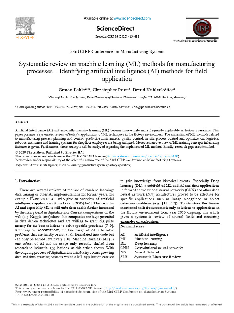 1 s2.0 S2212827120307435 Main | PDF | Machine Learning | Artificial ...