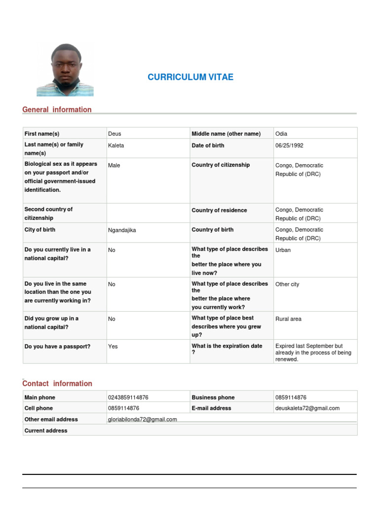 Cv Yac Deus 2022 Applic | PDF | Democratic Republic Of The Congo | Non ...