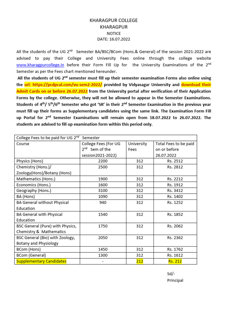 Kharagpur College 2nd Semester Fees Notice | PDF | Educational Stages ...