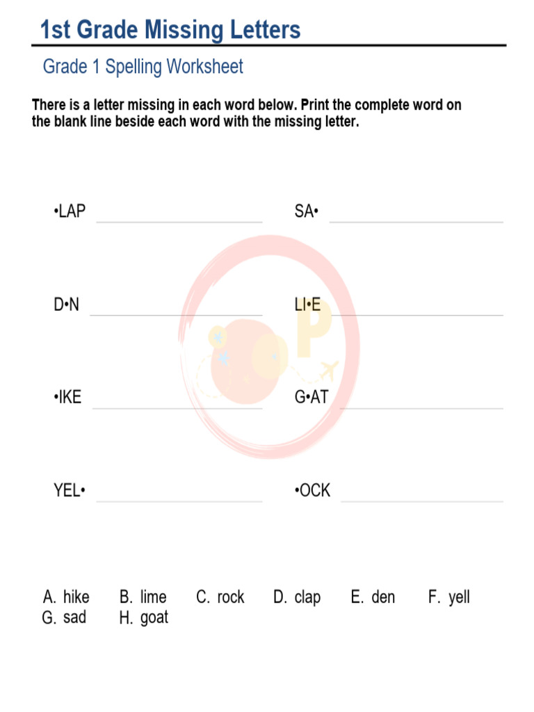 Grade 1 Missing Letters Worksheet | PDF