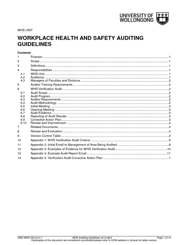 WHS Auditing Guidelines Overview | PDF | Occupational Safety And Health ...