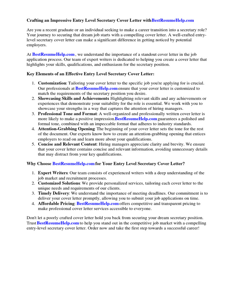 Entry Level Secretary Cover Letter Download Free PDF Résumé