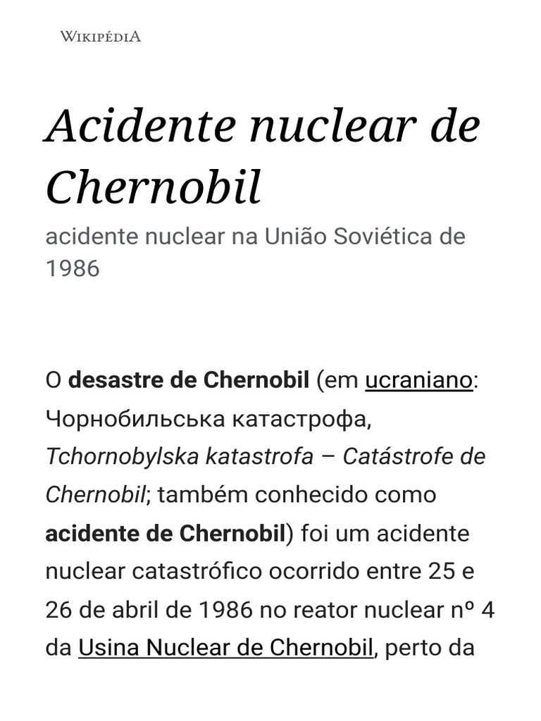 Acidente Nuclear de Chernobil - Wikipédia, A Enciclopédia Livre | PDF ...