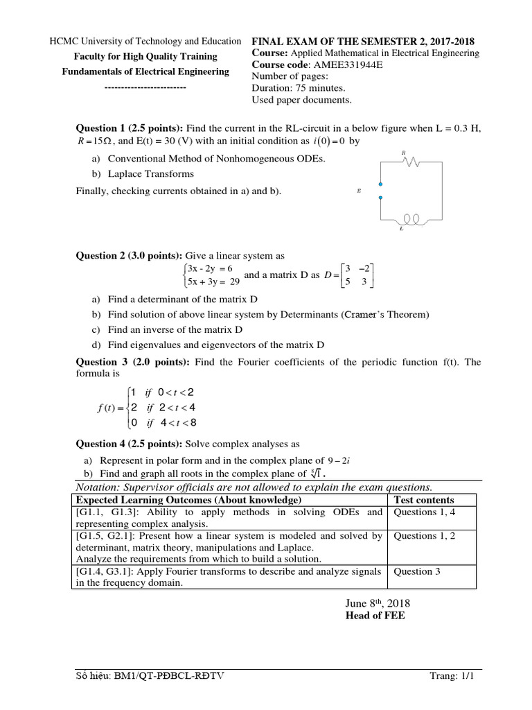 Applied Mathematical in Electrical Engineering - Exam - Term 1 ...