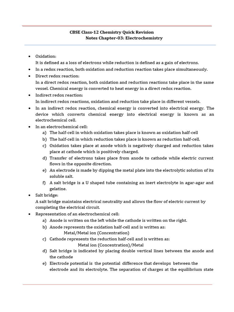 Class 12 Electrochemistry Revision Notes | PDF | Redox | Electrochemistry