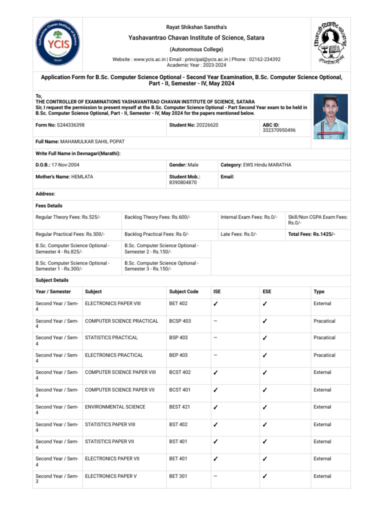 B.Sc. Computer Science Exam Application | PDF | Science
