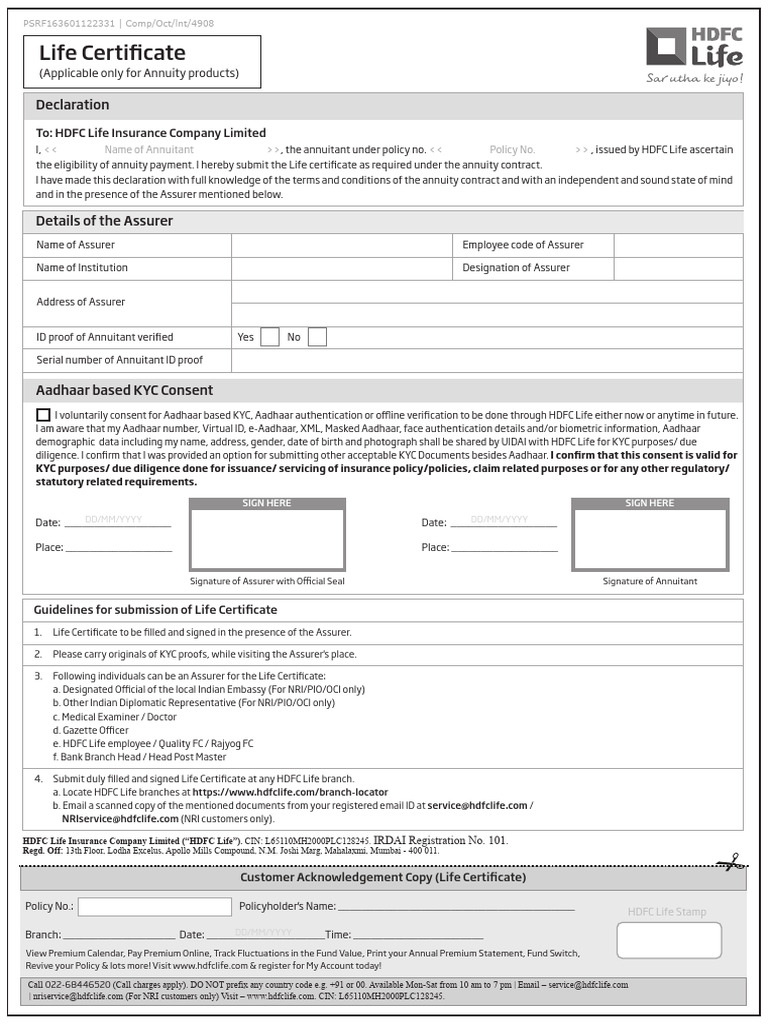 HDFC Life Annuity Certificate Guidelines | PDF | Insurance | Authentication