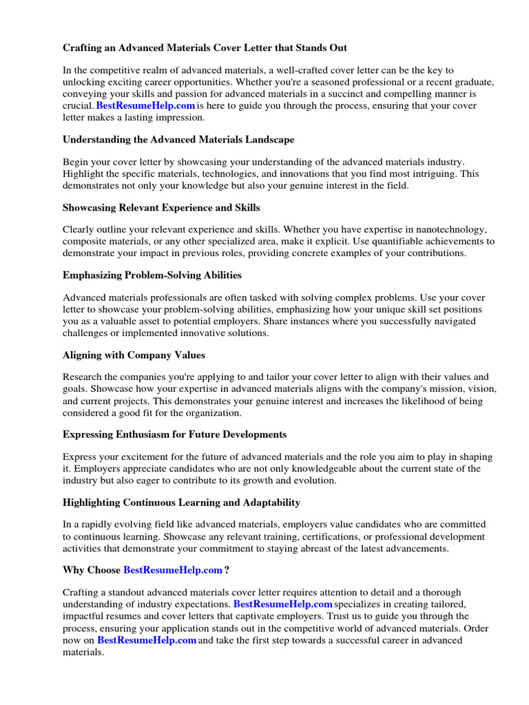 Advanced Materials Cover Letter PDF Résumé Experience
