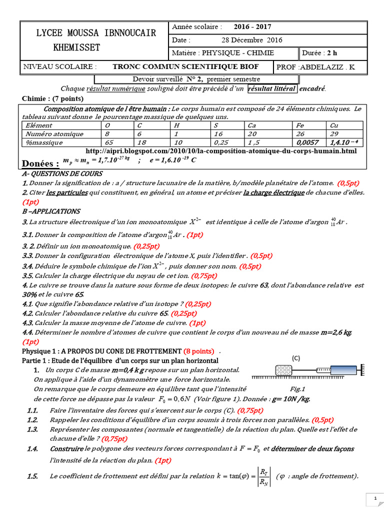 Devoir surveillé physique semestre 1 | PDF | Atomes | Éléments chimiques