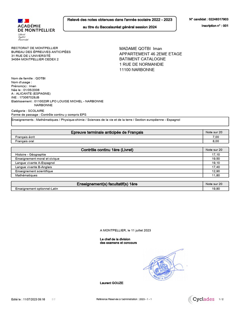 Relevé de notes Bac général 2024 | PDF | Enseignement secondaire ...