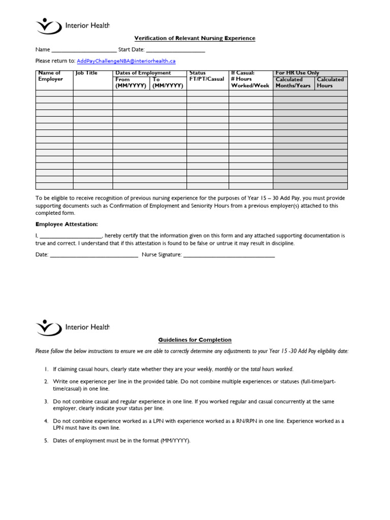 Nursing Experience Verification Form | PDF | Career & Growth | Business