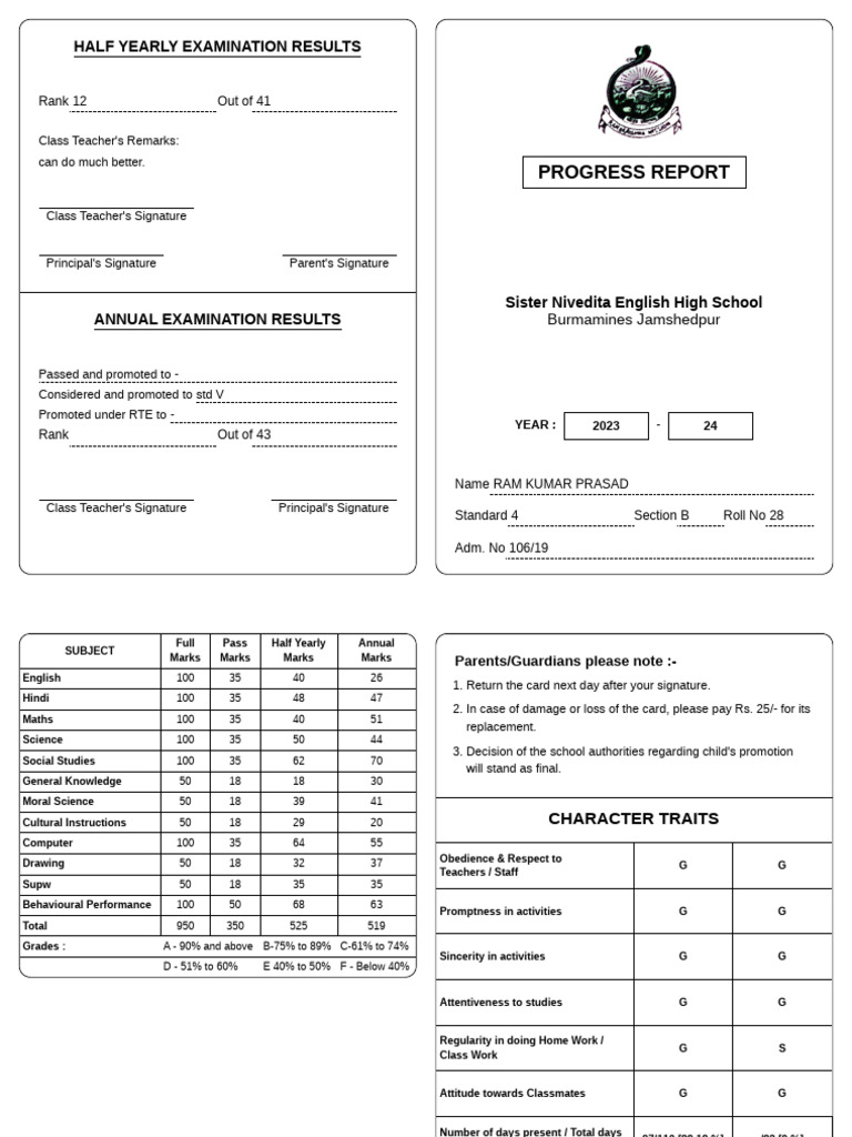 2023-24 Class 4 Progress Report | PDF