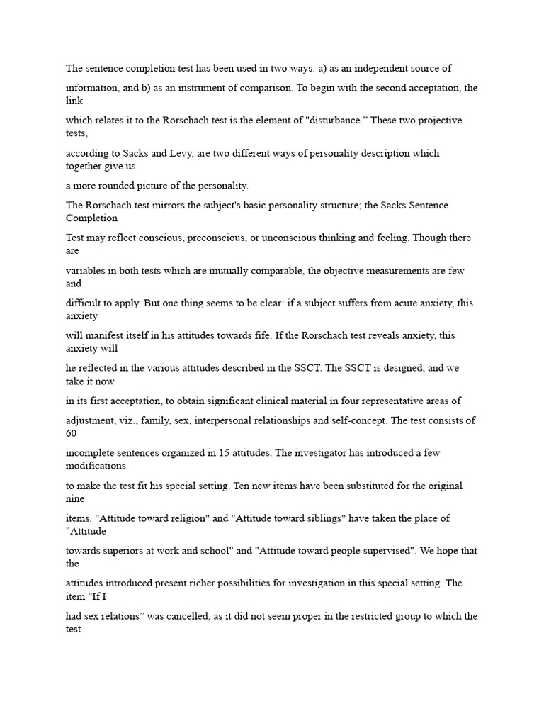 Overview of Sentence Completion Test | PDF | Psychotherapy | Attitude ...