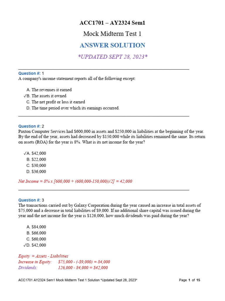 Mock Midterm 1 Solution UPDATED SEPT 28 | PDF | Debits And Credits ...