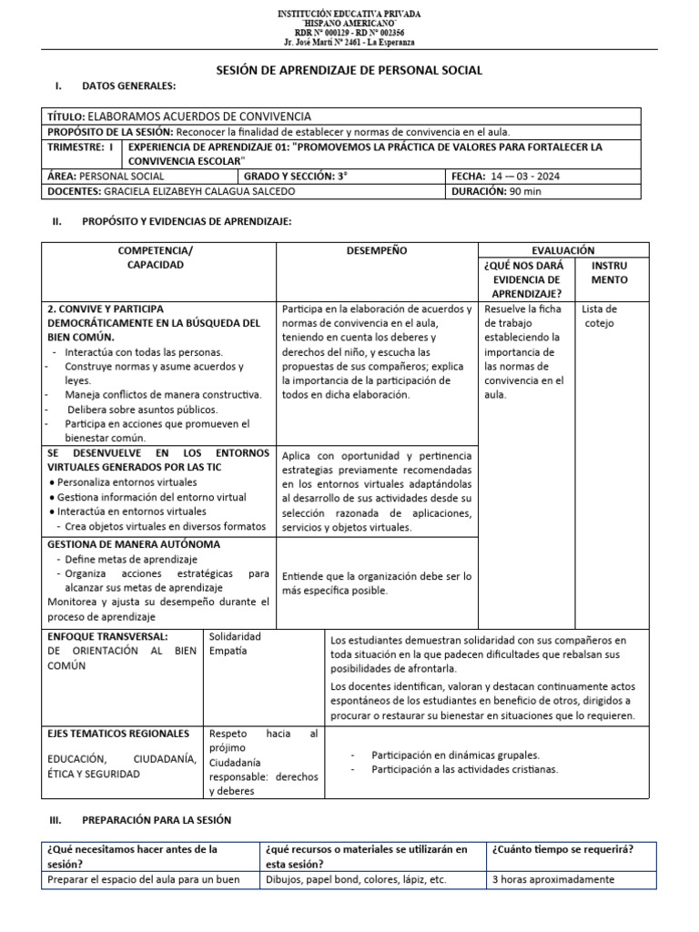 SESION DE PERSONAL SOCIAL | PDF | Aprendizaje | Salón de clases