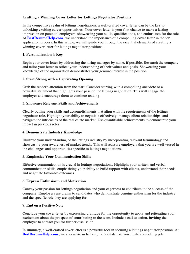 Cover Letter For Lettings Negotiator Job PDF Negotiation Sales