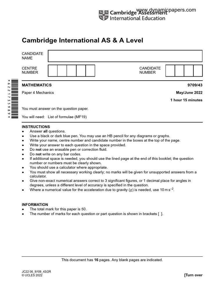 Cambridge AS & A Level Maths Mechanics Exam | PDF | Force | Acceleration