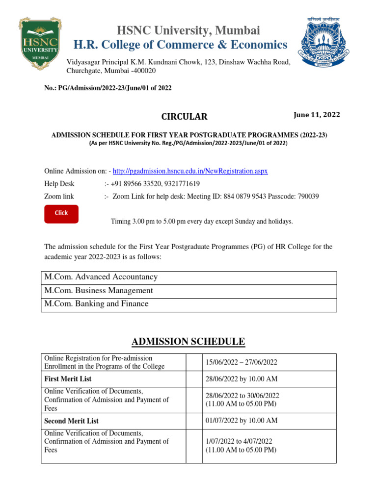 HSNC University PG Admission Schedule 2022 | PDF