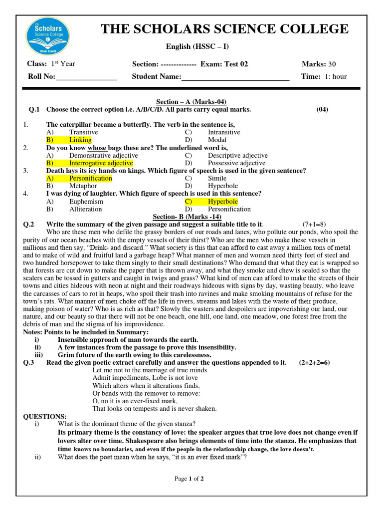 English Test for 1st Year Students | PDF | Language Arts & Discipline ...