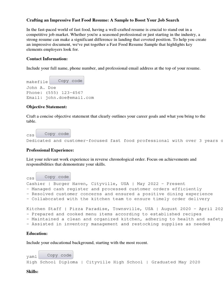 Fast Food Resume Sample Download - 1720051166