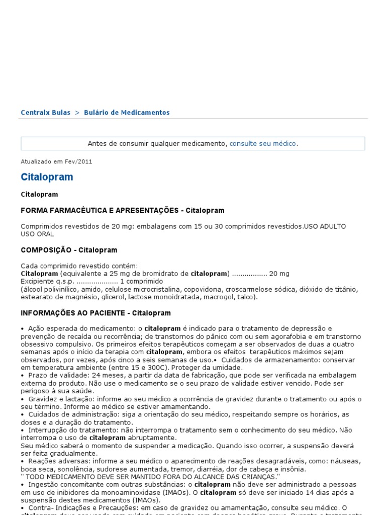 CITALOPRAM - Bula CITALOPRAM | PDF | Antidepressivo | Depressão