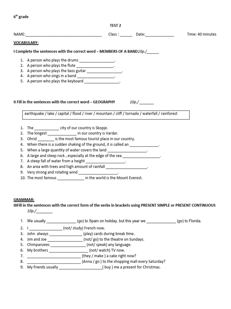 Test 2 6th Grade Pdf Linguistics Grammar