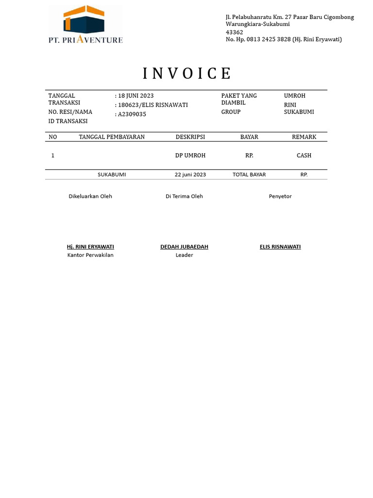 Invoice Pembayaran Umroh 2023 | PDF