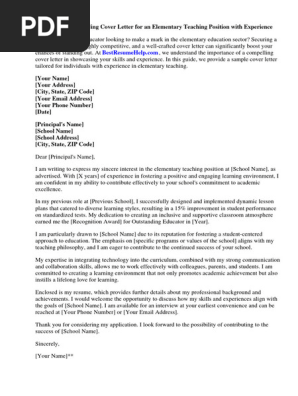 Sample Cover Letter for Elementary Teaching Position With Experience