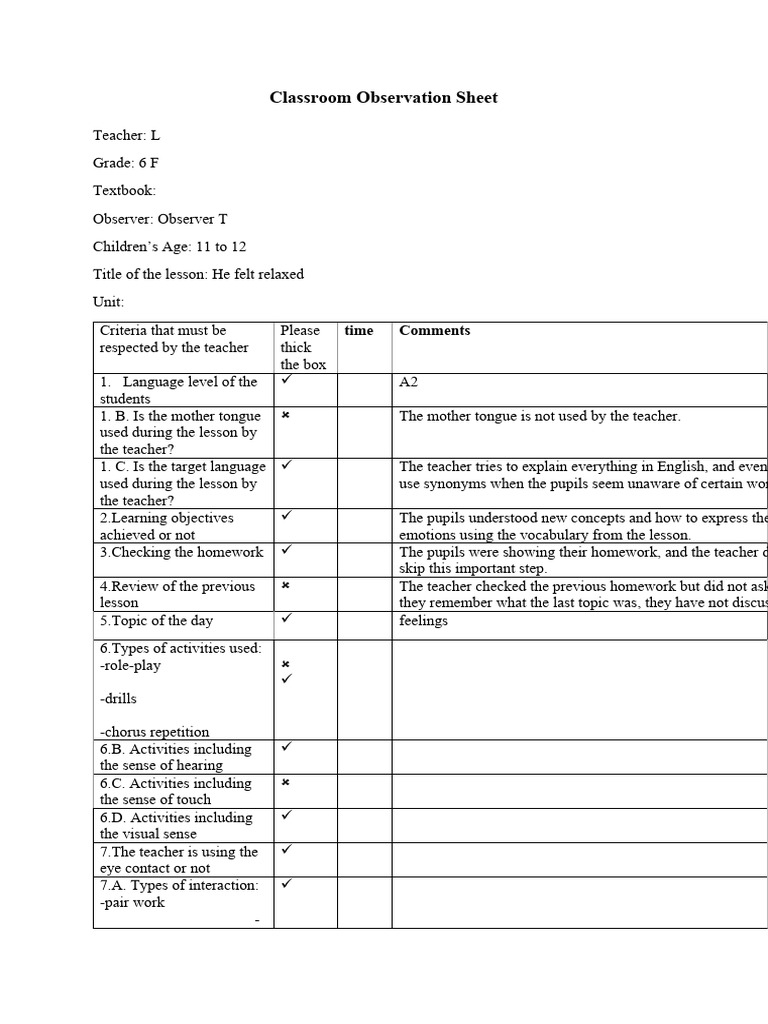 Classroom-Observation-Sheet Sixth Grade | PDF | Teachers | Homework