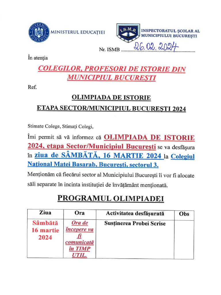ANUNT si REGULAMENT SPECIFIC OLIMPIADA DE ISTORIE 2024 PDF