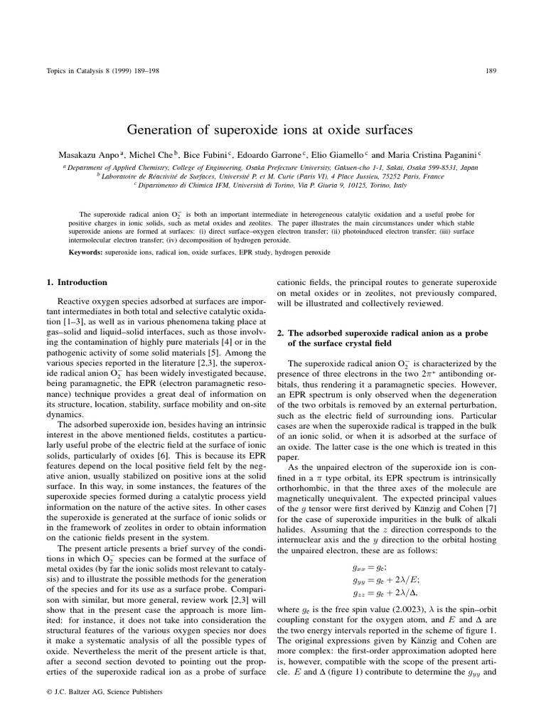 Generation of superoxide ions at oxide surfaces | PDF | Ion | Superoxide