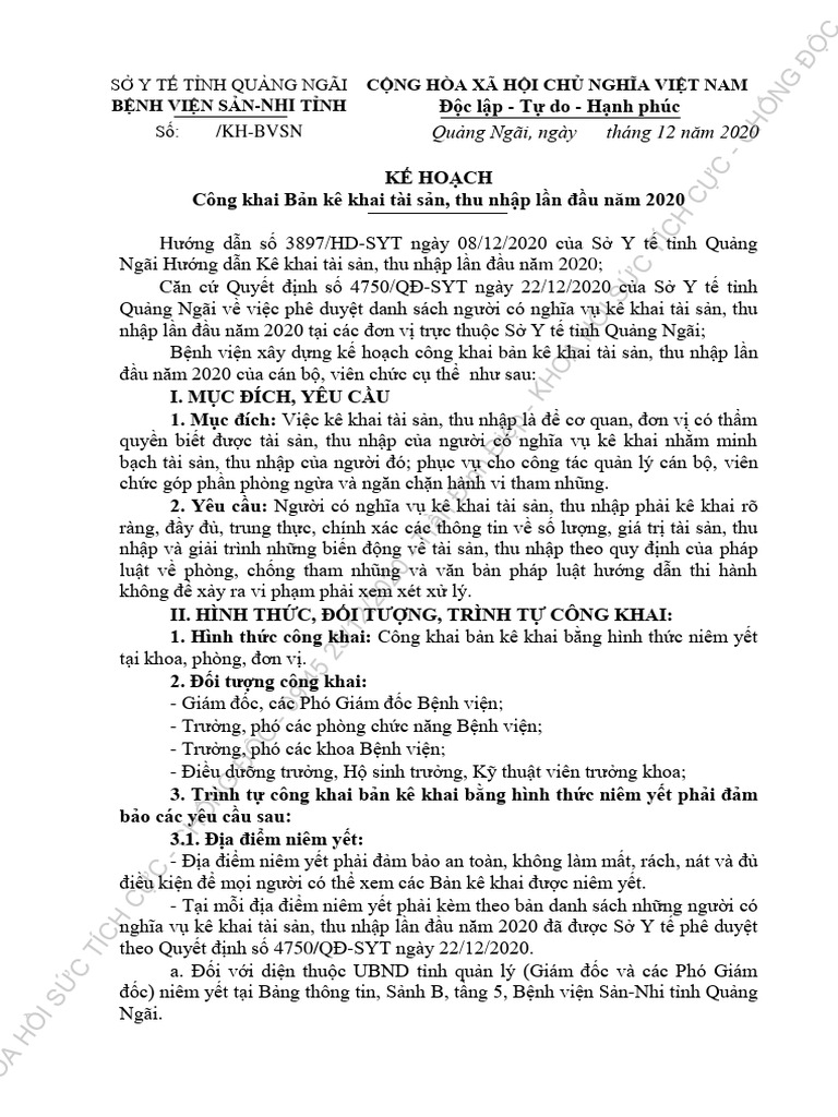 KH Cong Khai Ban Ke Khai Tai San Thu Nhap Lan Dau Nam 2020 | PDF