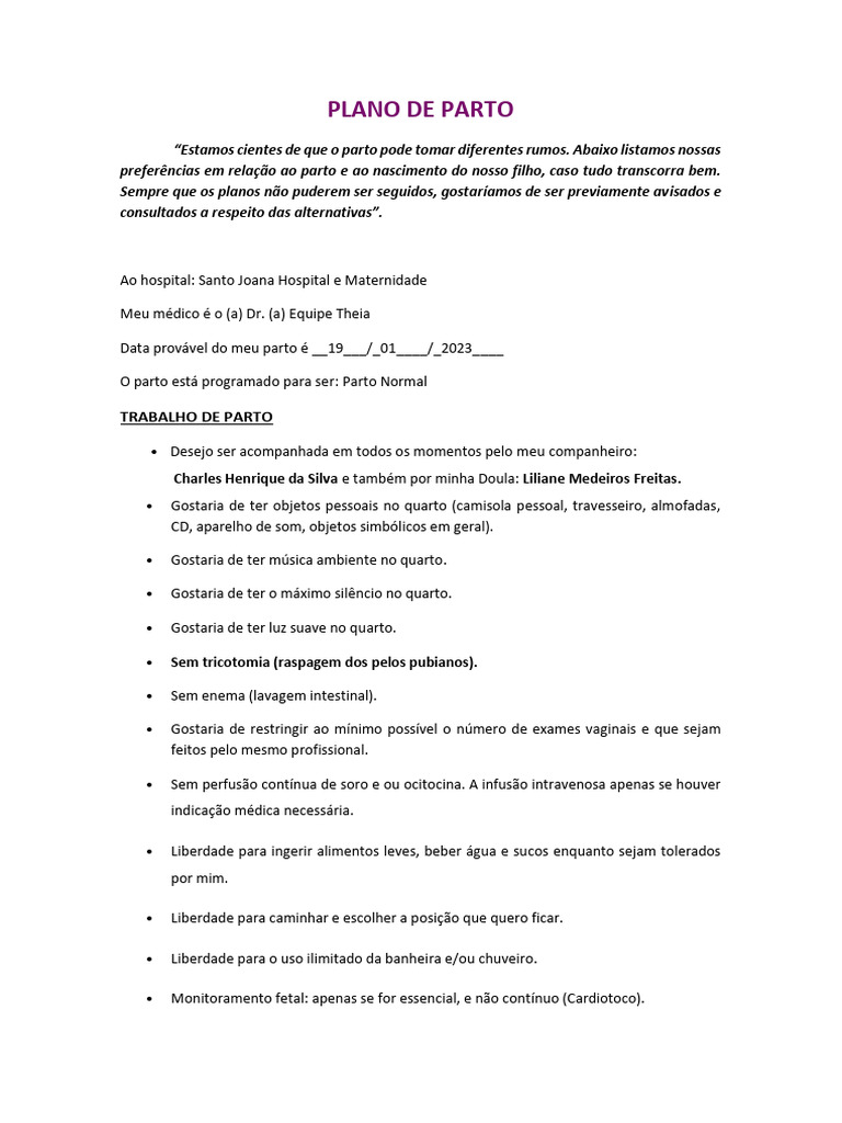 PLANO DE PARTO INTEGRAL (1) (5) | PDF | Parto | Cesariana