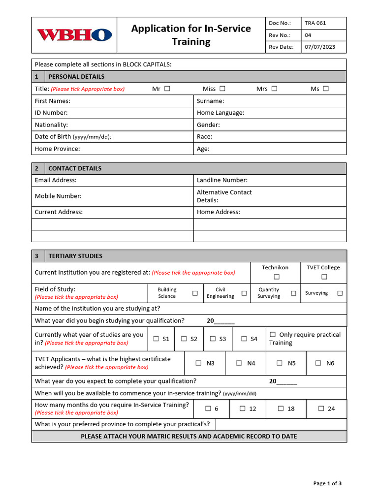In-Service Training Application Form | PDF