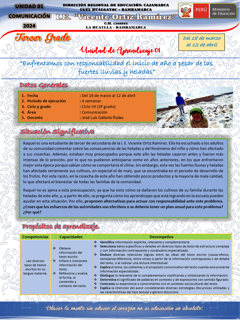 Unidad de Aprendizaje 1 - Tercer Grado - Com | PDF | Aprendizaje ...