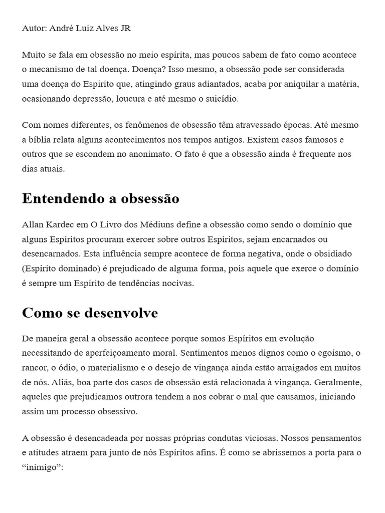 Mecanismos da Obsessão no Espiritismo | PDF | Espiritismo | Transtorno ...