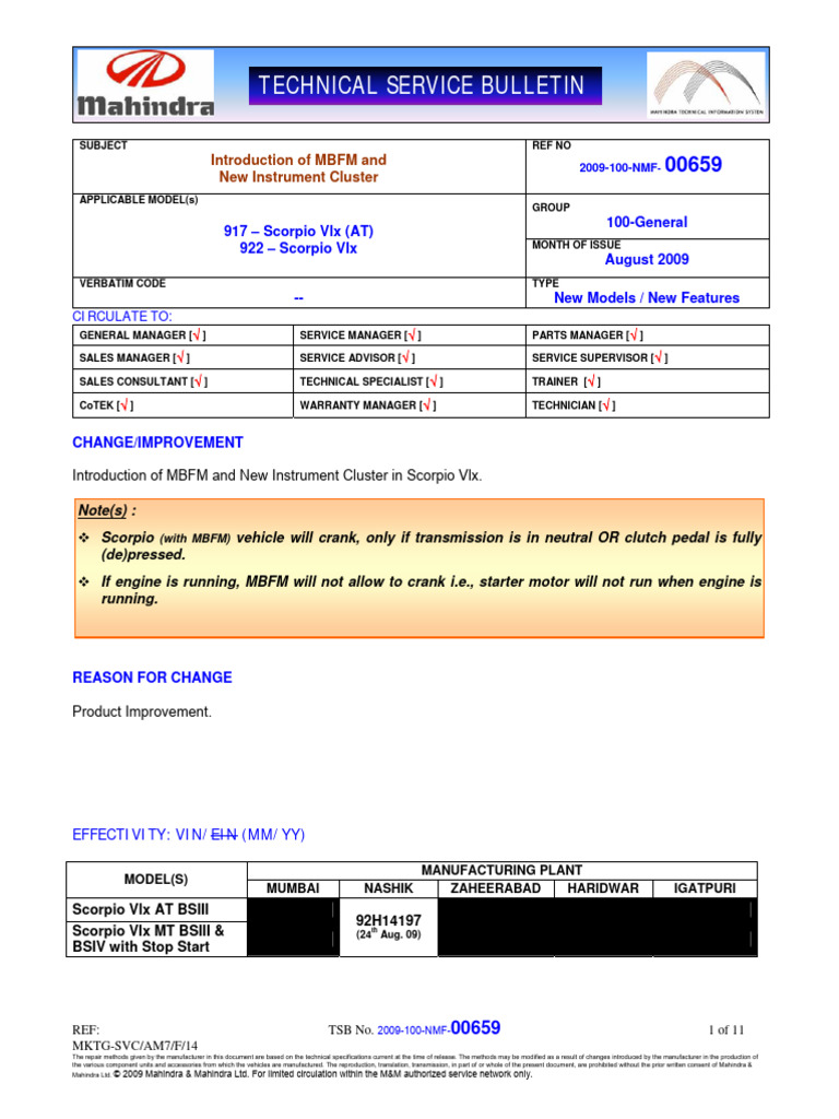 TSB 2009 100 NMF 00659 Scorpio MBFM New Instrcluster | PDF | Vehicles ...
