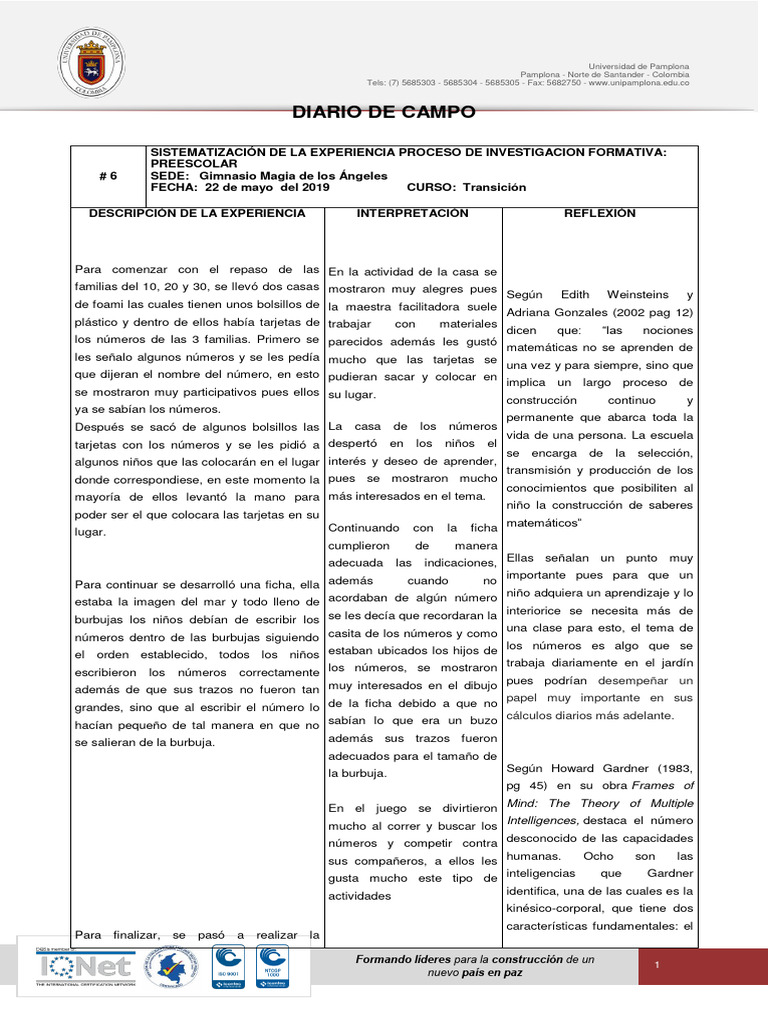 Diario de Campo 6y7 | PDF | Educación de la primera infancia
