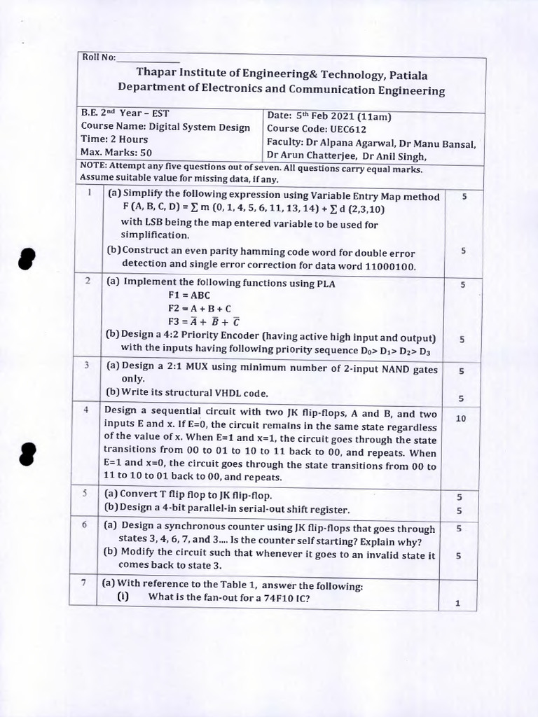 Digital System Design Exam Paper | PDF | Electrical Engineering ...
