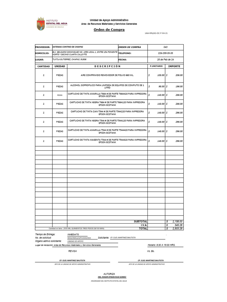 Orden de Compra: Materiales y Servicios | PDF | Papelería | Equipo de ...