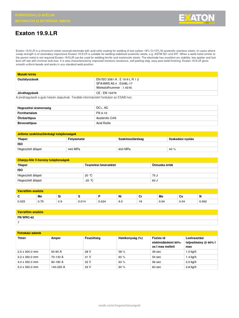 Exaton 19.9.LR: Korrózióálló Acélok Bevonatos Elektródák (Smaw) | PDF