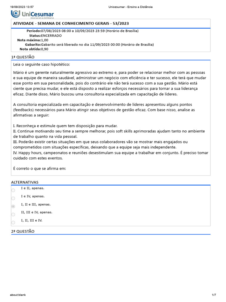 Atividade - Semana de Conhecimento Gerais - 53.2023 - Q9-C | PDF ...