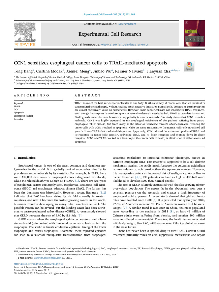 CCN1 Sensitizes Esophageal Cancer Cells To TRAIL Me - 2017 ...