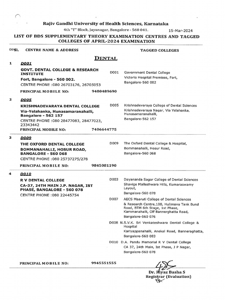List of bds supplementary theory examination centres and tagged