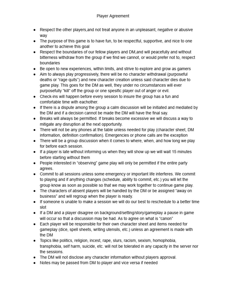 Player Agreement for Respectful Gaming | PDF | Games & Activities ...