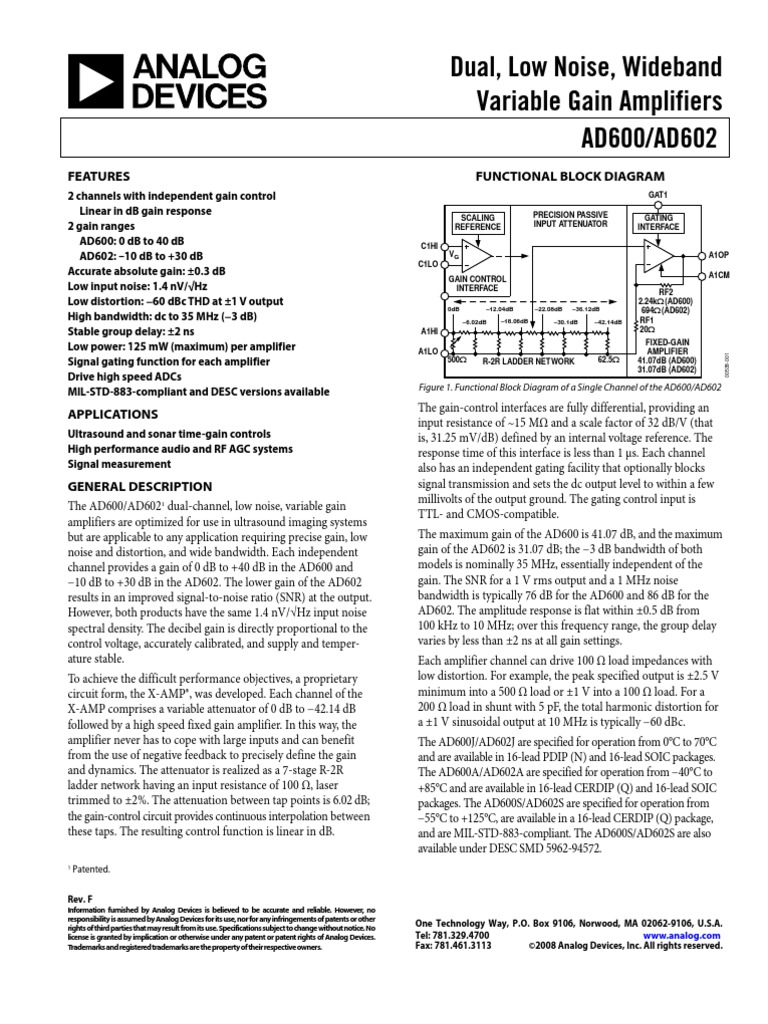 Dual, Low Noise, Wideband Variable Gain Amplifiers AD600/AD602 PDF