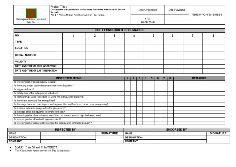 Fire Extinguisher Inspection Checklist | PDF | Safety